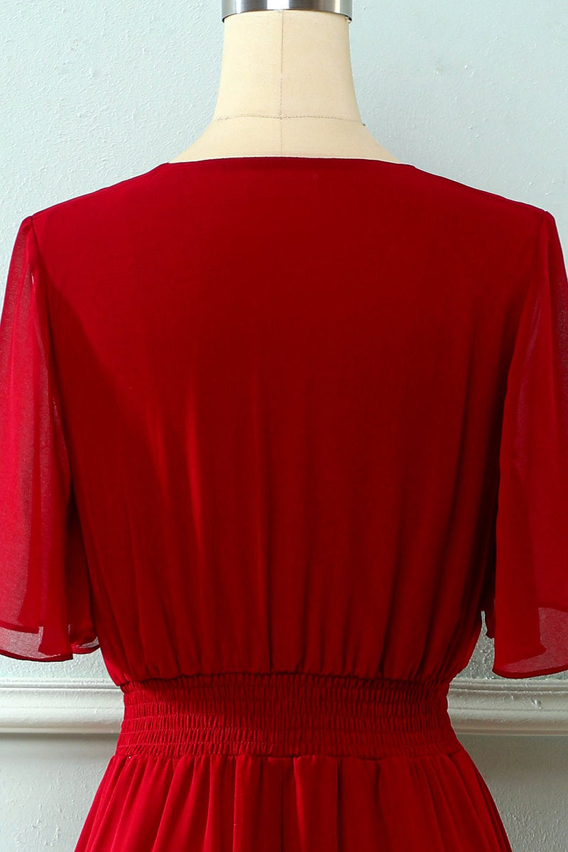 Cargar imagen en el visor de la galería, Rojo V Cuello Botones Vestido de Verano