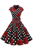 Vestido Floral Vintage de Lunares Rojos