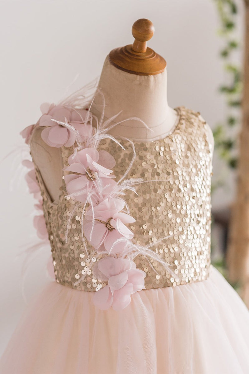 Cargar imagen en el visor de la galería, Champagne Lentejuelas Flower Girl Dress