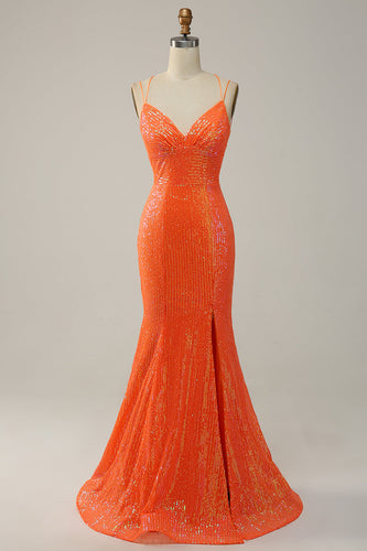 Sirena Tirantes de Espagueti Naranja Vestido de Fiesta