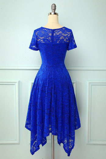 Asymmetical Royal Blue Lace Dress