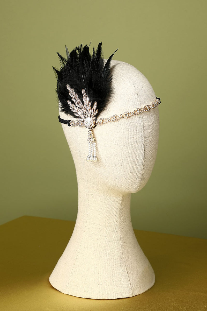 Cargar imagen en el visor de la galería, Diadema de plumas negras con cuentas de los años 20