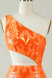 Orange One Shoulder Glitter Homecoming Vestido con hueco