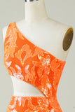 Orange One Shoulder Glitter Homecoming Vestido con hueco