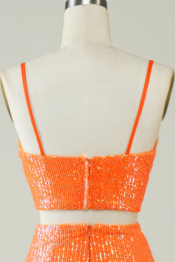Vestido ajustado de lentejuelas naranjas de dos piezas
