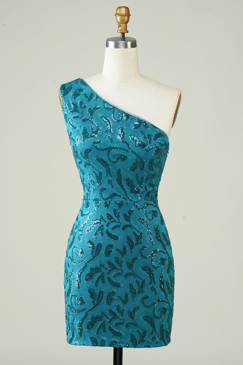 Cargar imagen en el visor de la galería, Blue One Shoulder Tight Homecoming Dress con espalda hueca