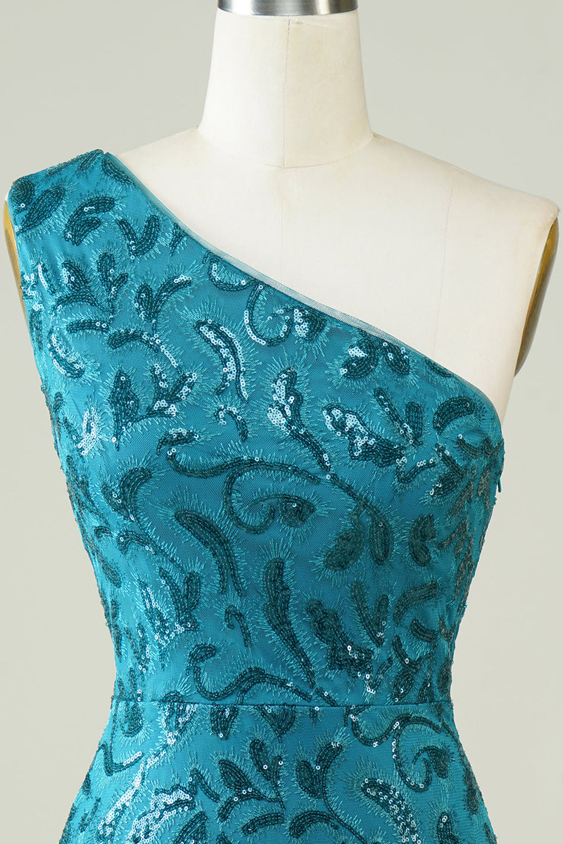 Cargar imagen en el visor de la galería, Blue One Shoulder Tight Homecoming Dress con espalda hueca