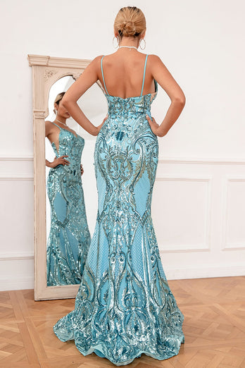 Blue Mermaid Sequin Long Prom Dress