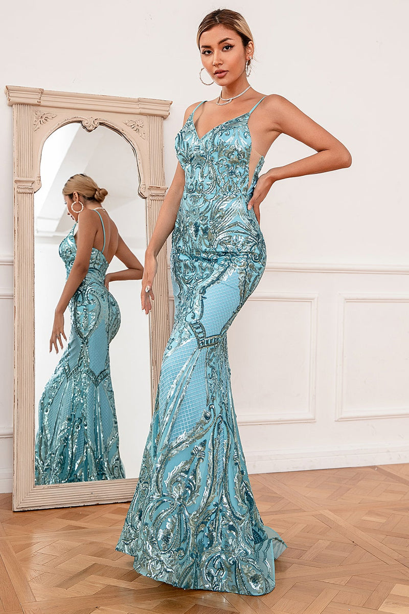 Cargar imagen en el visor de la galería, Blue Mermaid Sequin Long Prom Dress
