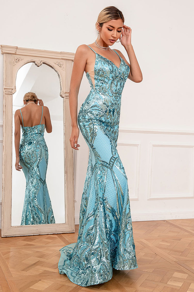 Cargar imagen en el visor de la galería, Blue Mermaid Sequin Long Prom Dress