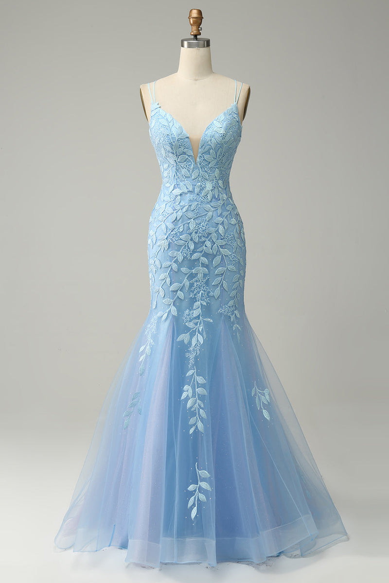 Cargar imagen en el visor de la galería, Tirantes de Espagueti Sirena Azul Vestido de Graduación