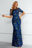 Azul Real Mangas Cortas Lentejuelas Vestidos Formales