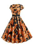 Vestido naranja estampado de Halloween vintage de la década de 1950