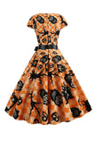 Vestido naranja estampado de Halloween vintage de la década de 1950