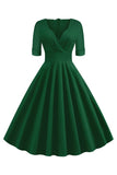 Verde V-Cuello Manga Corta 1950s Swing Dress