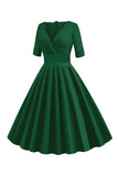 Verde V-Cuello Manga Corta 1950s Swing Dress
