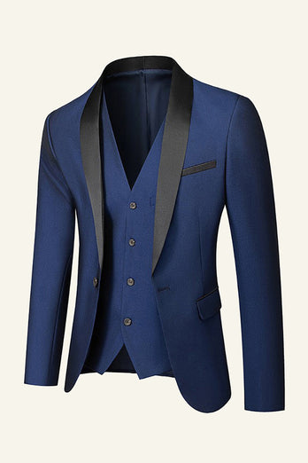 Azul Oscuro Solapa de Chal 3 Piezas Trajes Masculinos