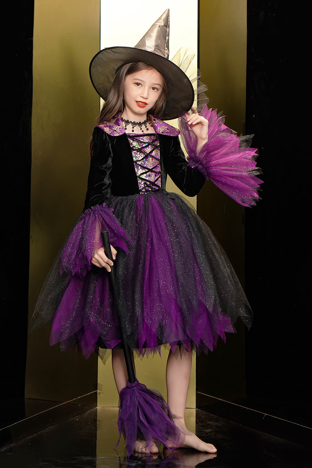 Brillante Negro y Púrpura Tul Vestido de Chica de Halloween