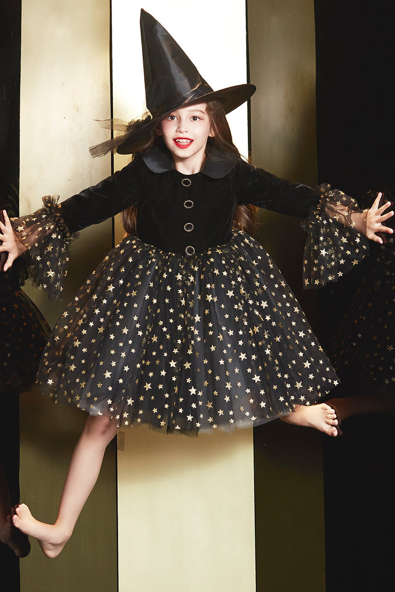 Cargar imagen en el visor de la galería, Terciopelo Negro Halloween Chica Vestido con Estrella