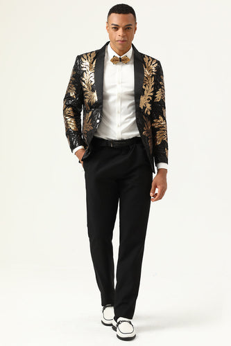 2 Piezas Negro y Dorado Jacquard Lentejuelas Trajes de Fiesta