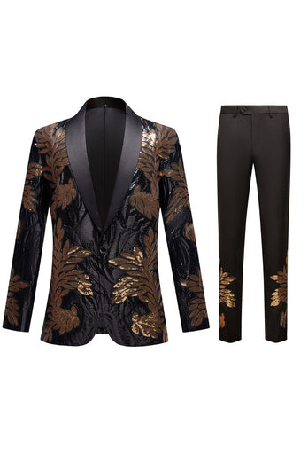 Negro y Oro Jacquard Sequins Masculinos 2 Piezas Trajes de Fiesta