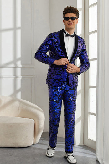 Chal solapa de un botón Royal Blue Selentejuelas Trajes de 2 piezas para hombre