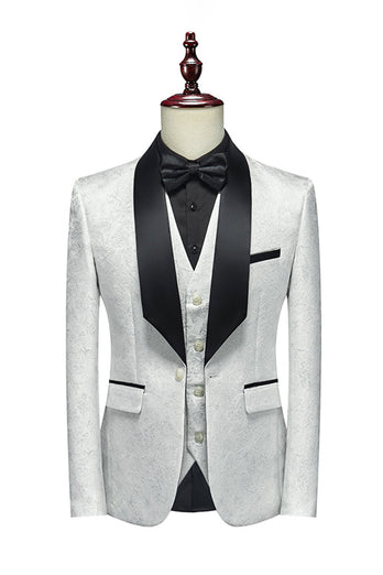 Chal Solapa Jacquard Blanco 3 Piezas Trajes De Hombre