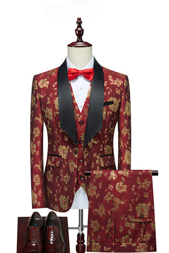 Jacquard Rojo Chal Solapa 3 Piezas Trajes De Hombre