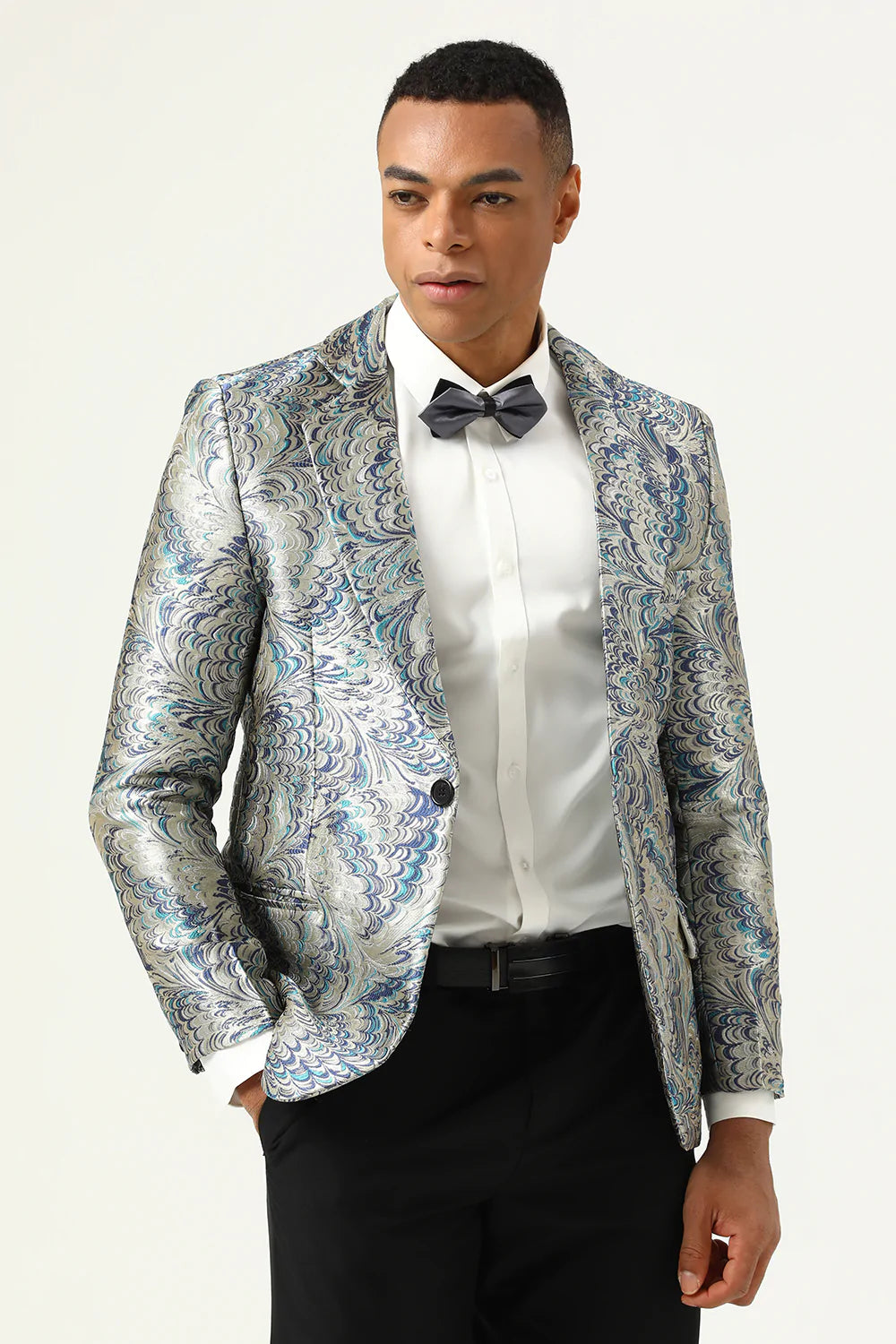 Blazer Para Hombre Jacquard Plateado Azul