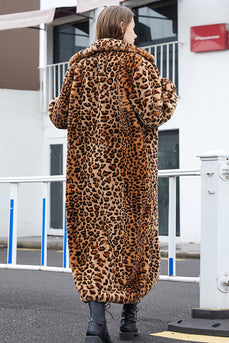 Abrigo de piel sintética solapa de muescas leopardo marrón