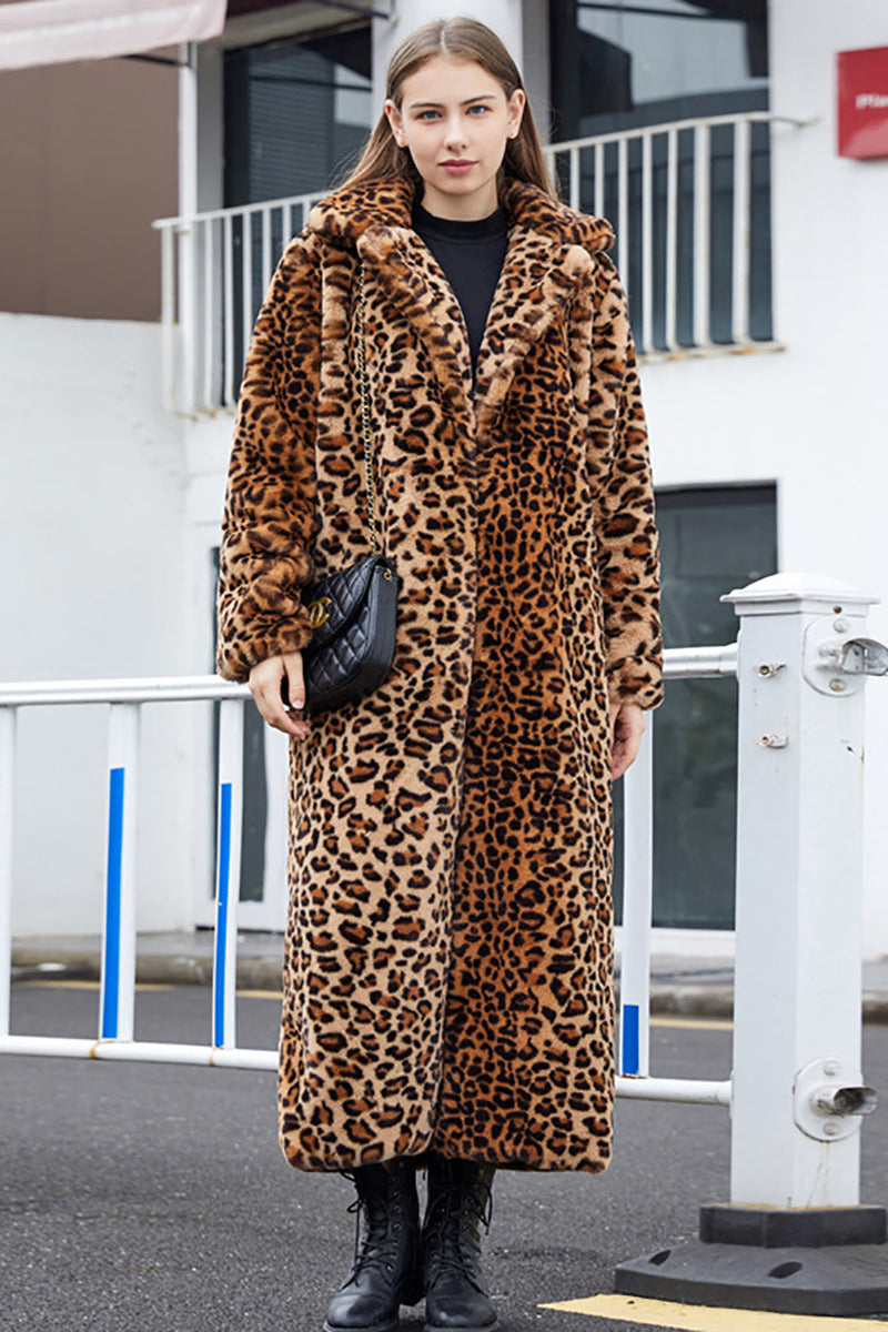 Cargar imagen en el visor de la galería, Abrigo de piel sintética solapa de muescas leopardo marrón