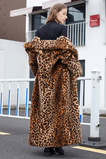 Abrigo de piel sintética solapa de muescas leopardo marrón