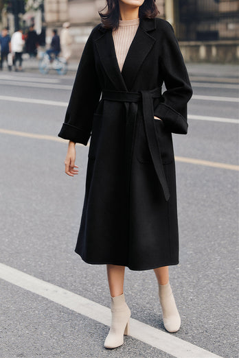Abrigo de lana con cinturón cuello de solapa negro