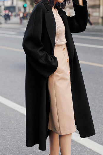 Abrigo de lana con cinturón cuello de solapa negro