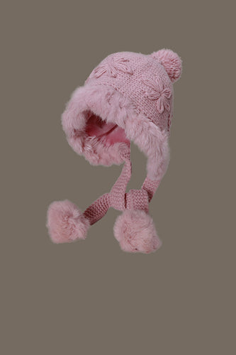 Sombrero rosa de punto con cordones