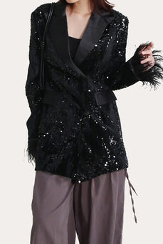Lentejuelas negras Glitter Blazer de bienvenida para mujer con plumas
