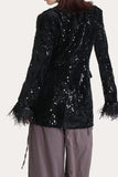 Lentejuelas negras Glitter Blazer de bienvenida para mujer con plumas