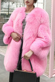 Abrigo de mujer de piel sintética de gran tamaño con solapa de chal rosa intenso