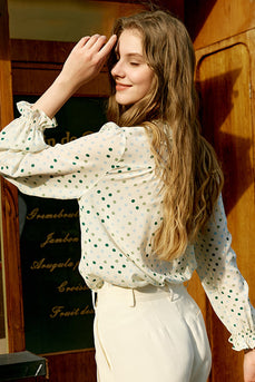 Marfil Lunares Mangas Largas Blusa de Seda