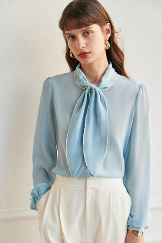 Blusa Azul Seda Con Moño