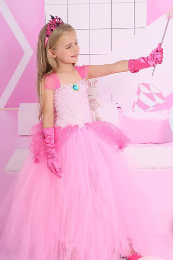 Glitter Pink Tulle Long Girl Halloween Dress Set