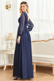 Elegante vestido de manga larga azul marino madre de la novia