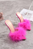 Sandalias de tacón de aguja de plumas rosas calientes puntiagudas