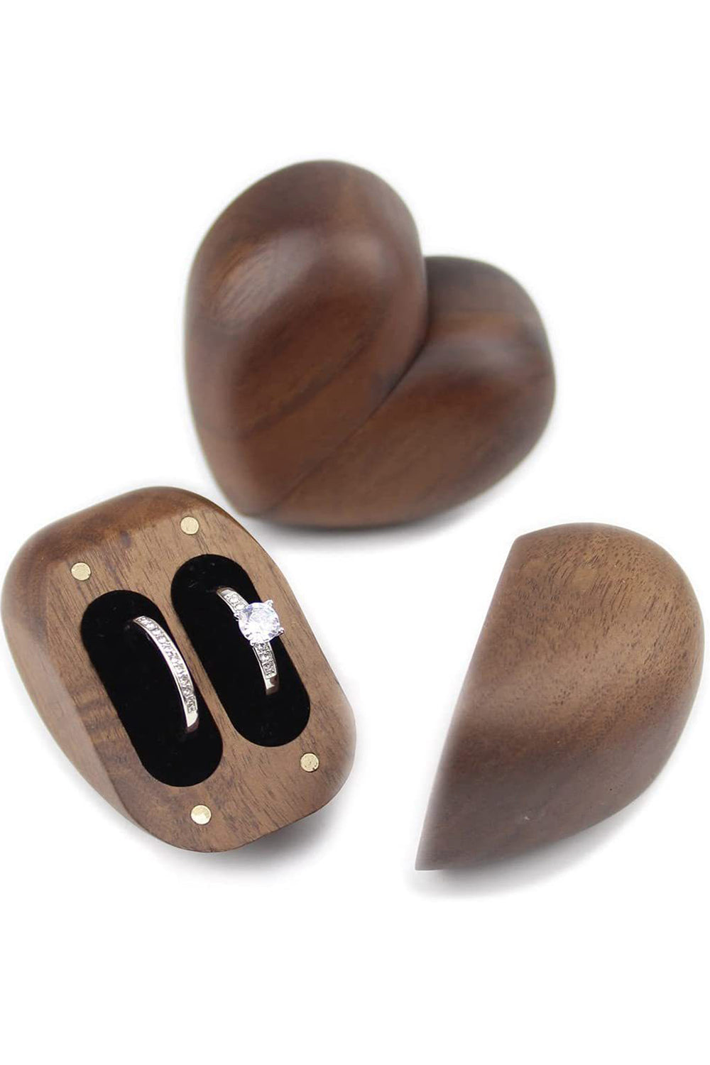 Caja de anillo de compromiso en forma de corazón de madera