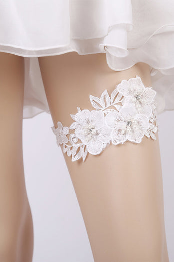 Flores de encaje blanco Liga de boda con cuentas