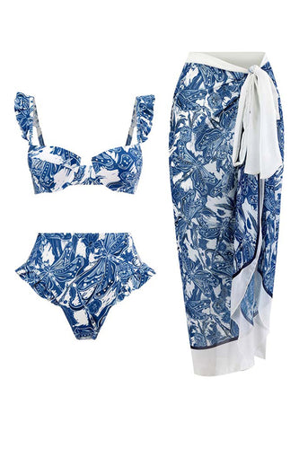 3 Piezas Bikini Estampado Azul Falda de Playa