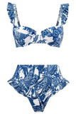 3 Piezas Bikini Estampado Azul Falda de Playa