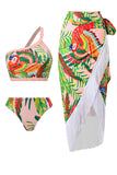 Bikini Estampado Naranja 3 Piezas Falda de Playa Con Borla