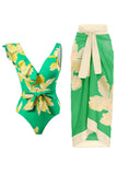 Verde Estampado Dos Piezas Bikini Con Falda de Playa