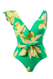 Verde Estampado Dos Piezas Bikini Con Falda de Playa